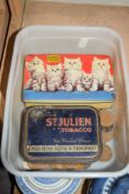 BOX CONTAINING VINTAGE THORNS TOFFEE AND ST JULIEN TOBACCO TINS CONTAINING VARIOUS VINTAGE COINS
