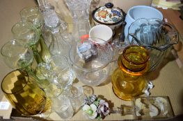 BOX: ASSORTED COLOURED AND OTHER GLASS WARES ETC