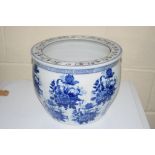 BLUE AND WHITE JARDINIERE WITH CHINESE CHARACTERS TO BASE