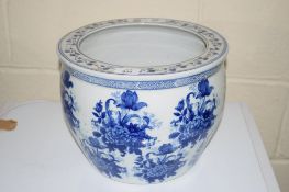 BLUE AND WHITE JARDINIERE WITH CHINESE CHARACTERS TO BASE