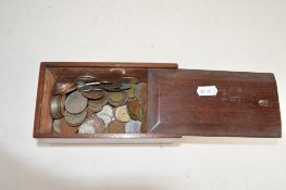 WOODEN CHESS BOX CONTAINING AN ASSORTMENT OF VARIOUS VINTAGE COINS