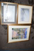 SMALL MIXED MEDIA PICTURE OF BOATS TOGETHER WITH TWO FRAMED PRINTS