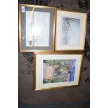 SMALL MIXED MEDIA PICTURE OF BOATS TOGETHER WITH TWO FRAMED PRINTS