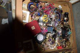 BOX CONTAINING LARGE QUANTITY OF COSTUME JEWELLERY TOGETHER WITH VINTAGE AA BADGE AND CIVIL
