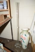 LARGE FLORAL DECORATED VASE TOGETHER WITH A MOULDED GLASS VASE, HEIGHT APPROX 1M