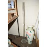 LARGE FLORAL DECORATED VASE TOGETHER WITH A MOULDED GLASS VASE, HEIGHT APPROX 1M