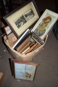 BOX ASSORTED VINTAGE FRAMED PRINTS AND PICTURES