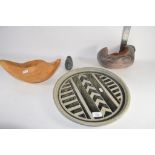 ART POTTERY PLATTER TOGETHER WITH THREE VARIOUS PIECES OF TREEN