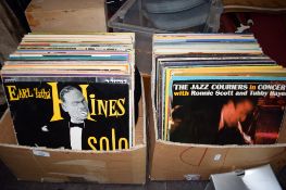 TWO BOXES CONTAINING VARIOUS 33RPM VINYL ALBUMS, MOSTLY JAZZ INCLUDING RONNIE SCOTT, JEROME KERN,