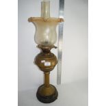 BRASS OIL LAMP WITH ETCHED SHADES WITH FLUTED COLUMN, HEIGHT APPROX 70CM