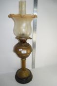 BRASS OIL LAMP WITH ETCHED SHADES WITH FLUTED COLUMN, HEIGHT APPROX 70CM