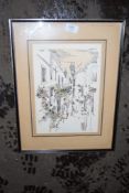 FRAMED PRINT OF A CONTINENTAL STREET SCENE, FRAME WIDTH APPROX 34CM