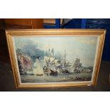 LARGE FRAMED MODERN OLEOGRAPH DEPICTING A SEA BATTLE, FRAME WIDTH APPROX 108CM