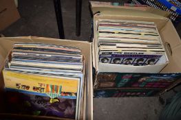 TWO BOXES CONTAINING VARIOUS VINYL LP RECORDS INCLUDING BEE GEES, GREASE ETC