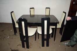 MODERN DARK WOOD DINING SUITE COMPRISING RECTANGULAR TABLE, APPROX MAX 90CM X 130CM (UNEXTENDED),