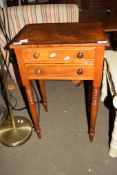 SMALL 19TH CENTURY TWO-DRAWER SIDE TABLE WITH STRUNG AND CROSS BANDED DECORATION, WIDTH APPROX 42CM