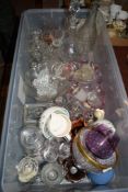 BOX CONTAINING VARIOUS HOUSEHOLD GLASS WARE TOGETHER WITH DECANTERS ETC