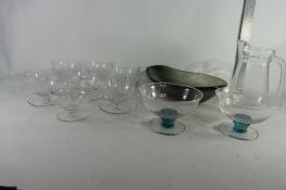 ART GLASS BOWL TOGETHER WITH VARIOUS ETCHED GLASS SUNDAE DISHES ETC