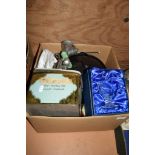 BOX CONTAINING VARIOUS KITCHEN WARES INCLUDING A LARGE MILADY TOFFEE TIN, SPONG MINCER ETC