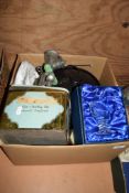 BOX CONTAINING VARIOUS KITCHEN WARES INCLUDING A LARGE MILADY TOFFEE TIN, SPONG MINCER ETC