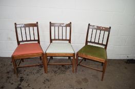 SET OF THREE INLAID UPHOLSTERED CHAIRS, HEIGHT APPROX 86CM