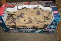BOXED MILITARY PLAY SET, PLASTIC MOULDED REMOTE CONTROL TANK TOY