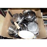 BOX OF MIXED KITCHEN WARE INCLUDING POTS, PANS ETC