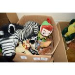 TWO BOXES CONTAINING MIXED PLUSH SOFT TOYS INCLUDING VINTAGE DISNEY PETER PAN, WARNER BROS BEANIE,