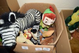 TWO BOXES CONTAINING MIXED PLUSH SOFT TOYS INCLUDING VINTAGE DISNEY PETER PAN, WARNER BROS BEANIE,