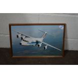 FRAMED OLEOGRAPH DEPICTING AN AIR UK AEROPLANE, WIDTH APPROX 46CM
