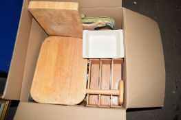 BOX CONTAINING VARIOUS KITCHEN WARES INCLUDING CHOPPING BOARDS, TRAYS ETC