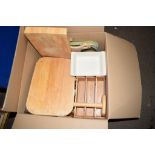 BOX CONTAINING VARIOUS KITCHEN WARES INCLUDING CHOPPING BOARDS, TRAYS ETC