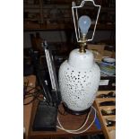 LARGE TABLE LAMP WITH PIERCED DECORATION TOGETHER WITH A READING OR WORK TABLE DESK LIGHT
