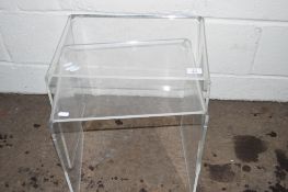 NEST OF TWO RETRO SHAPED PLASTIC CLEAR ACRYLIC TABLES, WIDTH APPROX 44CM