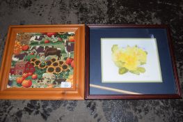 FRAMED WATERCOLOUR STUDY OF FLOWERS, FRAME WIDTH APPROX 36CM, TOGETHER WITH A FRAMED DEPICTION OF