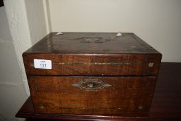 GOOD QUALITY JEWELLERY BOX CONTAINING FITTED WHITE METAL TOPPED BOTTLES, SILVER VESTA CASE ETC