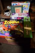 BOX CONTAINING VARIOUS MODERN TOYS AND GAMES INCLUDING MICROSCOPE SET, SCRABBLE ETC