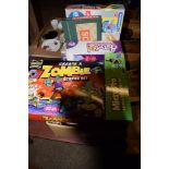 BOX CONTAINING VARIOUS MODERN TOYS AND GAMES INCLUDING MICROSCOPE SET, SCRABBLE ETC