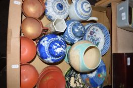 BOX VARIOUS HOUSEHOLD CERAMICS INCLUDING GINGER JARS, CHINESE LIDDED POT, TEA POT ETC