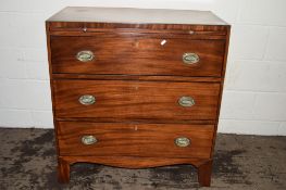 19TH CENTURY MAHOGANY CHEST OF THREE LONG DRAWERS WITH BRUSHING SLIDE ABOVE, WIDTH APPROX 86CM