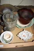BOX CONTAINING VARIOUS CERAMICS AND GLASS INCLUDING PIERCED BON-BON DISH MOUNTED WITH PUTTI,
