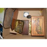 BOX CONTAINING VARIOUS COLLECTABLE ITEMS INCLUDING FOUNTAIN PEN, LETTER RACK, NOTTS & DERBY REGIMENT