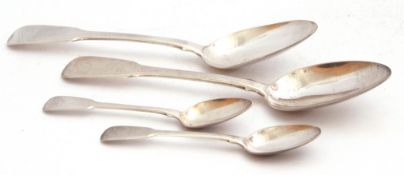 Pair of George III large table spoons in Fiddle pattern and a pair of matching tea spoons, London