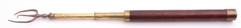 George III silver extending toasting fork, the three pronged fork applied to a brass and treen - Image 3 of 6