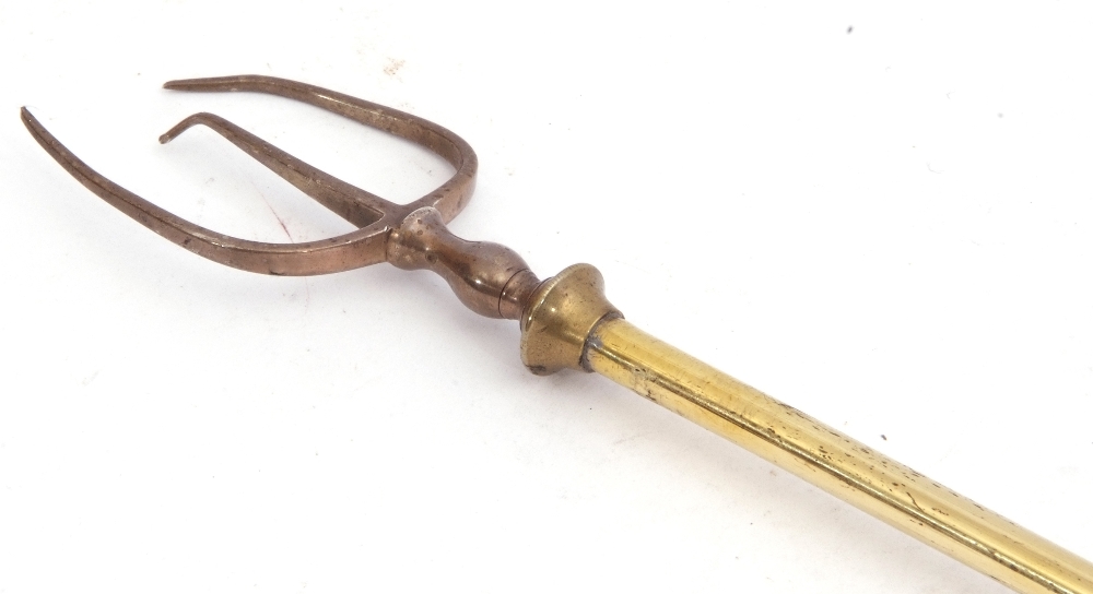 George III silver extending toasting fork, the three pronged fork applied to a brass and treen - Image 2 of 6