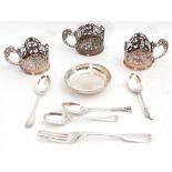 Mixed Lot: three silver coffee can holders, pierced with rails and flowers, with floral handles,