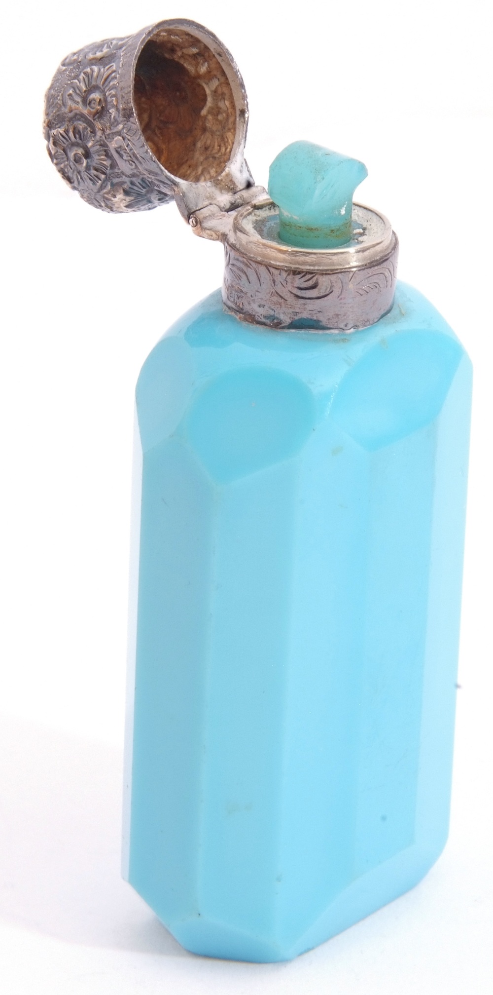 Late Victorian faceted sky blue milk glass scent bottle with embossed and hinged silver lid, 8.5cm - Image 5 of 5