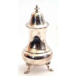 George V solid silver sugar caster of baluster form, the pierced pull off lid with wavy rim and