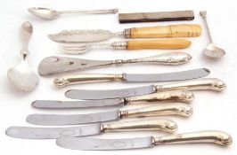 Mixed Lot: Victorian silver bladed preserve butter knife, both with carved ivory handles, silver