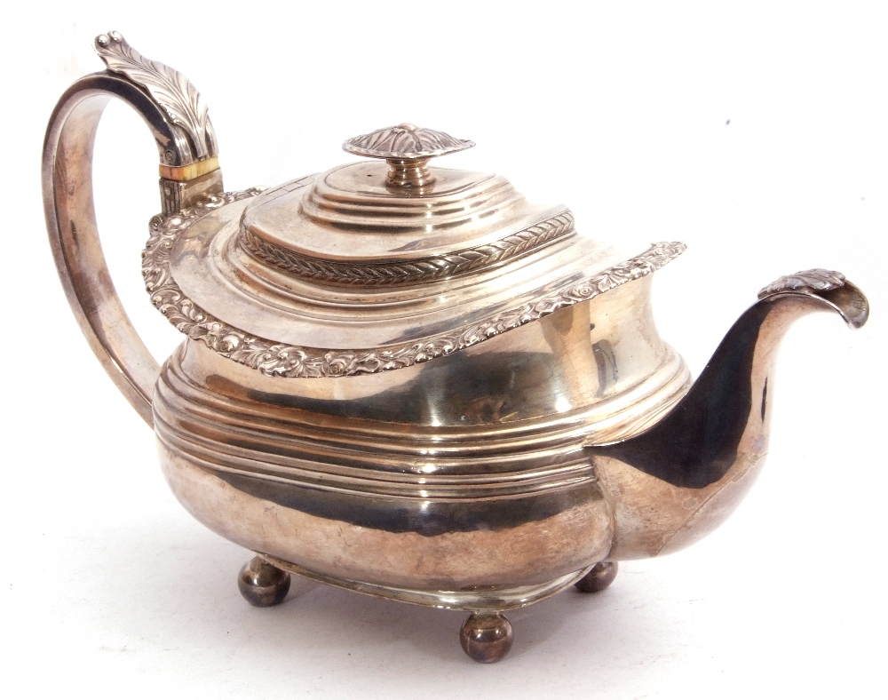 George IV silver tea pot of oval form having a reeded body with applied scroll and shell rim, a - Image 6 of 6